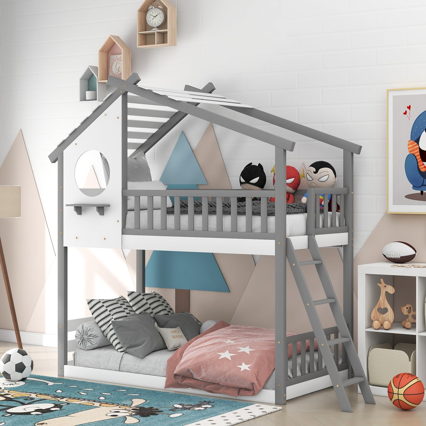 Twin Over Twin Bunk Bed Wood Bed with Roof, Window, Ladder ( Gray)(OLD SKU :LP000008AAE)