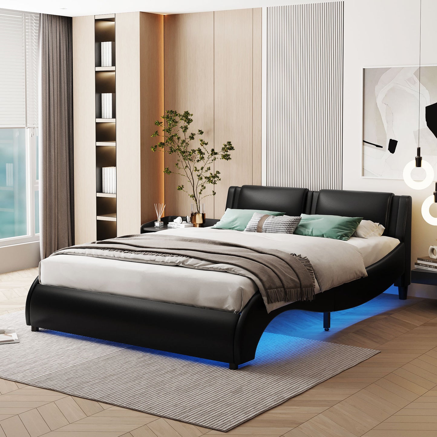 Full Size Upholstered Faux Leather Platform Bed with LED Light Bed Frame with Slatted - Black