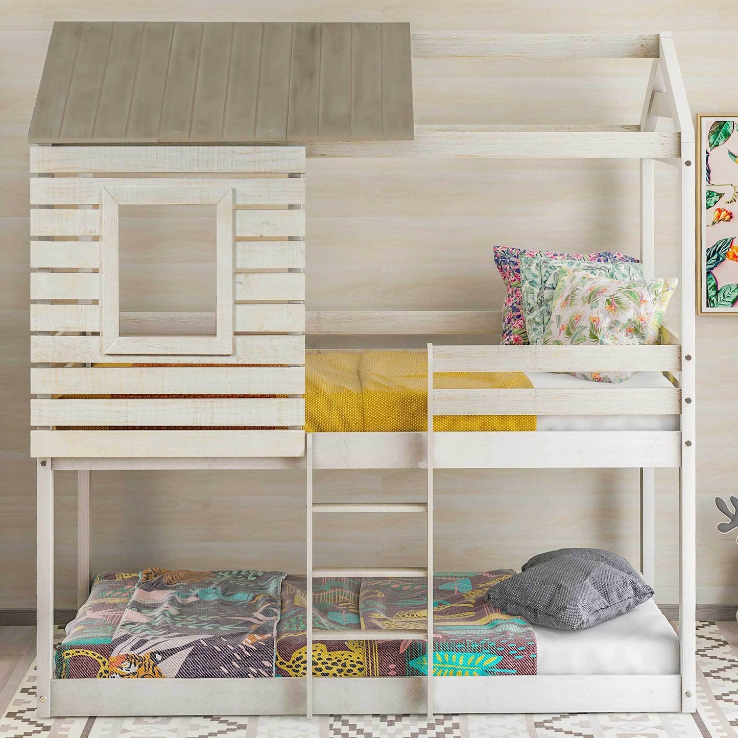 Twin Over Twin Bunk Bed Wood Loft Bed with Roof, Window, Guardrail, Ladder (Antique White )