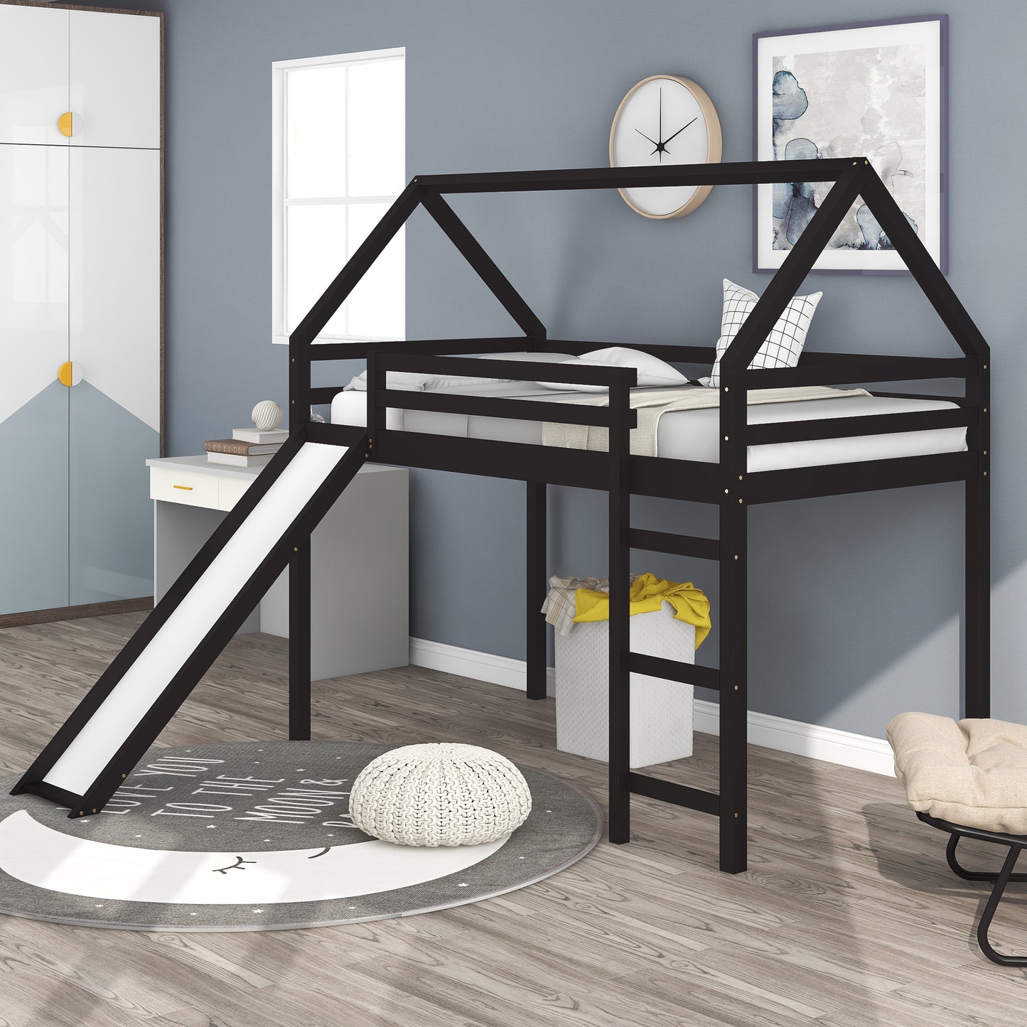 Twin Size Loft Bed with Slide, House Bed with Slide,Espresso(OLD SKU :WF281158AAP)