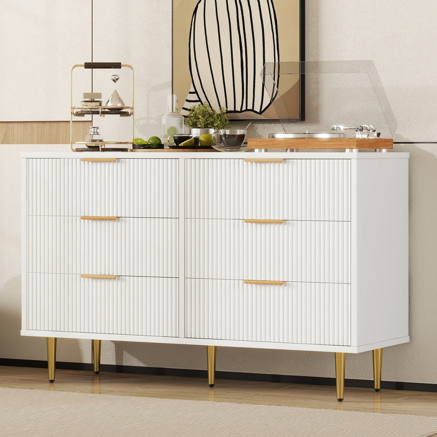 6 Drawer Dresser with Metal Leg and Handle for Bedroom, Storage Cabinet with Vertical Stripe Finish Drawer, White