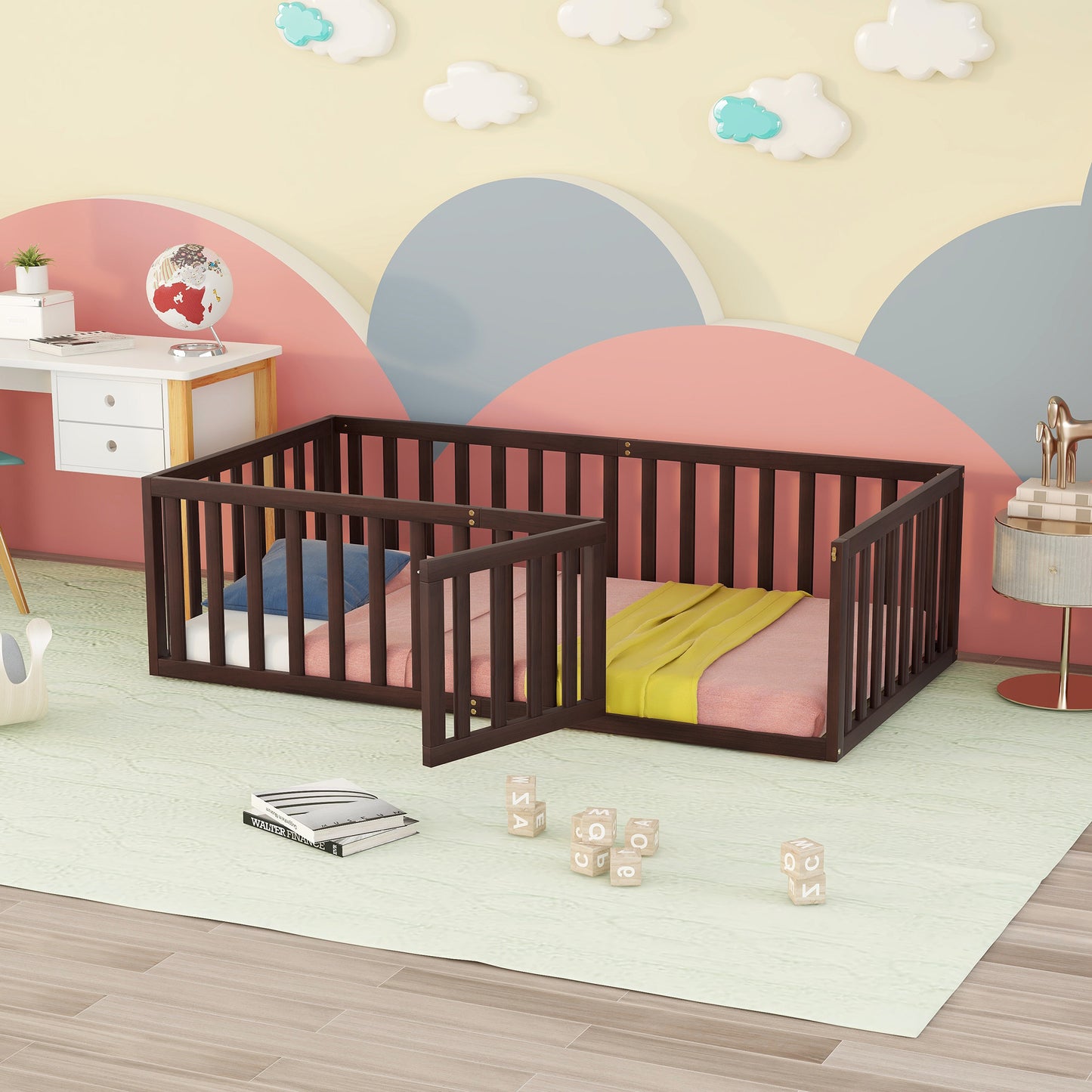 Twin Size Wood Floor Bed Frame with Fence and Door, Walnut（OLD SKU :WF289661AAL）