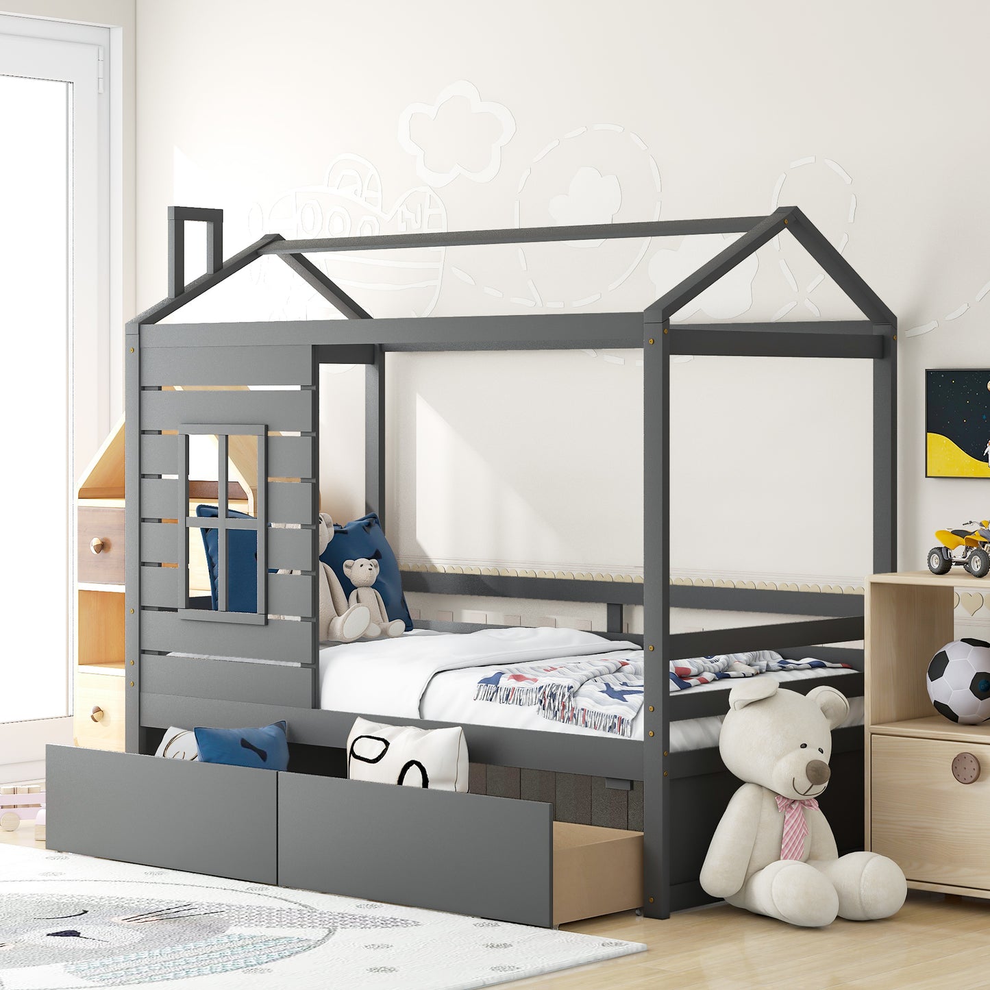 Twin Size House Bed Wood Bed with Two Drawers ( Gray )