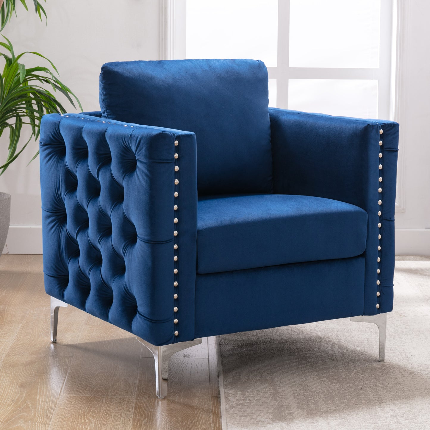 Modern Velvet Armchair Tufted Button Accent Chair Club Chair with Steel Legs for Living Room Bedroom,Navy