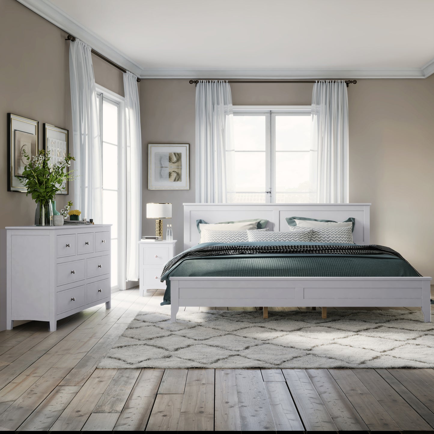 White Solid Wood 3 Pieces King Bedroom Sets
