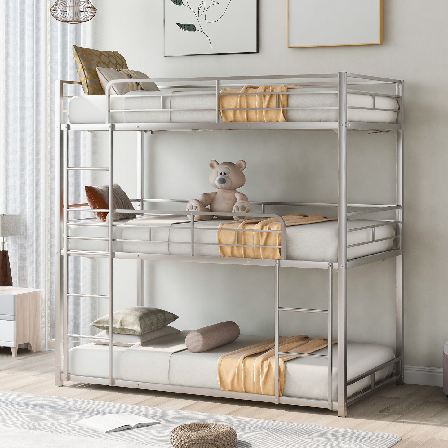 Metal Twin Size Triple Bunk Bed, Silver