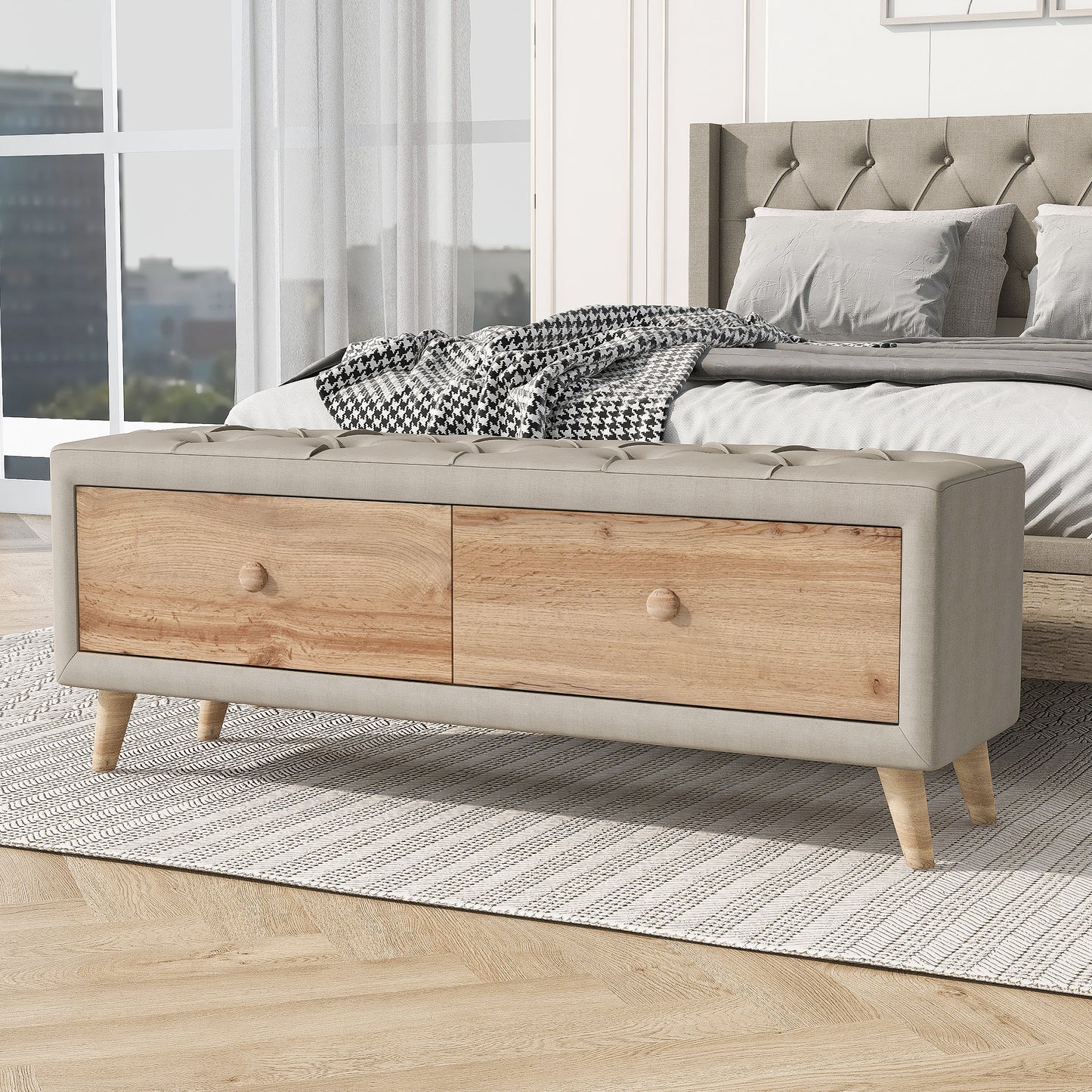 Upholstered Wooden Storage Ottoman Bench with 2 Drawers For Bedroom,Fully Assembled Except Legs and Handles,Padded Seat with Rubber Wood Leg-Beige