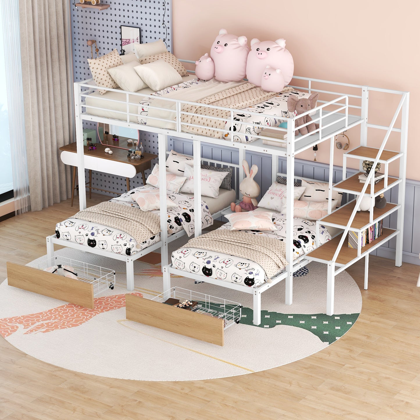 Full over Twin-Twin Triple bunk bed with drawers and staircase, White