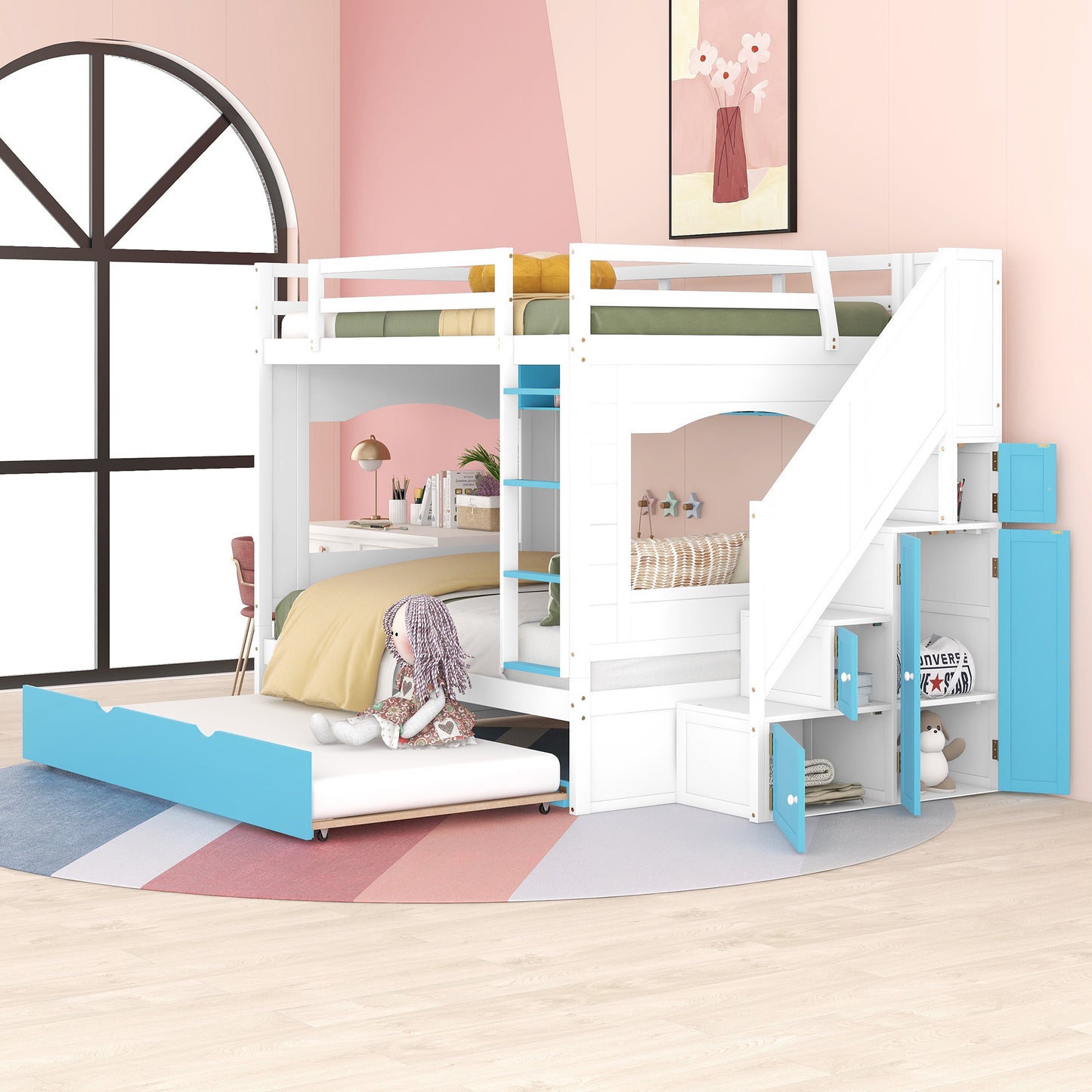 Full Over Full Bunk Bed with Trundle ,Stairs,Ladders Solid Wood Bunk bed with Storage Cabinet (White + Blue)