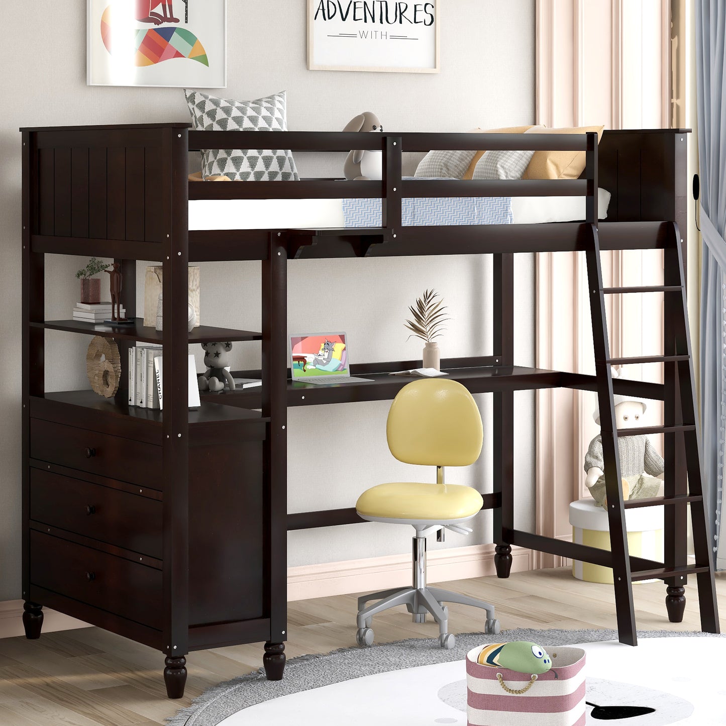 Twin size Loft Bed with Drawers and Desk, Wooden Loft Bed with Shelves - Espresso(OLD SKU: LP000530AAP)