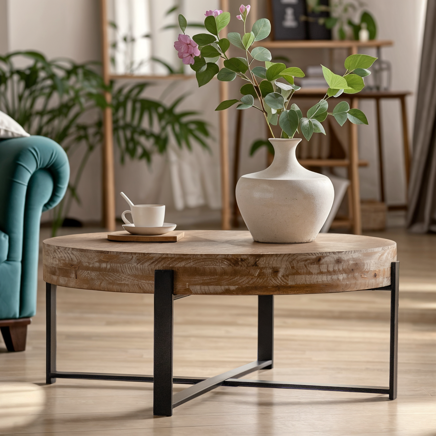 33.86"Modern Retro Splicing Round Coffee Table, Fir Wood Table Top with Black Cross Legs Base(Same SKU:W757127347)