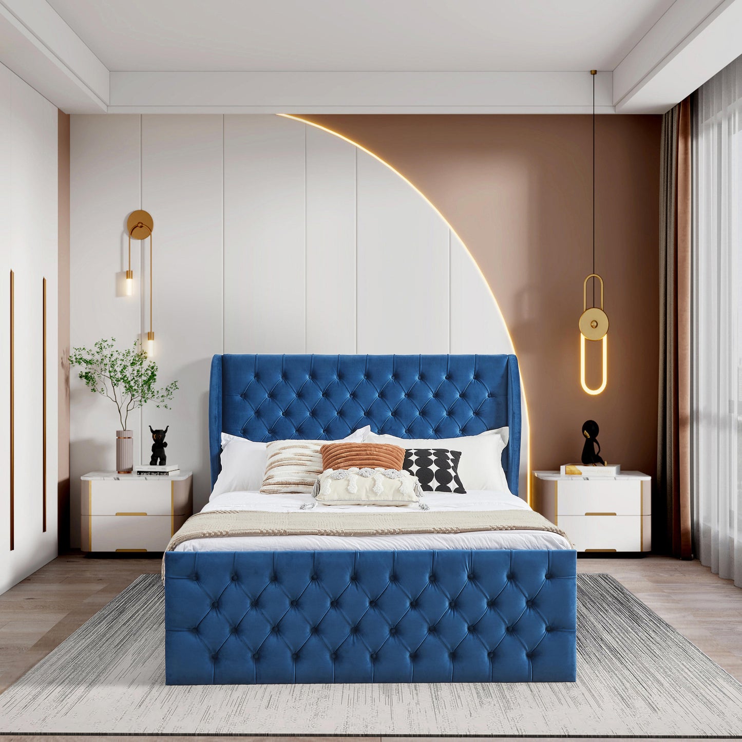 Rodeo Drive Collection Upholstered Wingback Velvet Fabric Chesterfield Bed/Button Tufted Headboard with Vintage Wing/Wood Slat Support/Easy Assemble. Queen-Blue