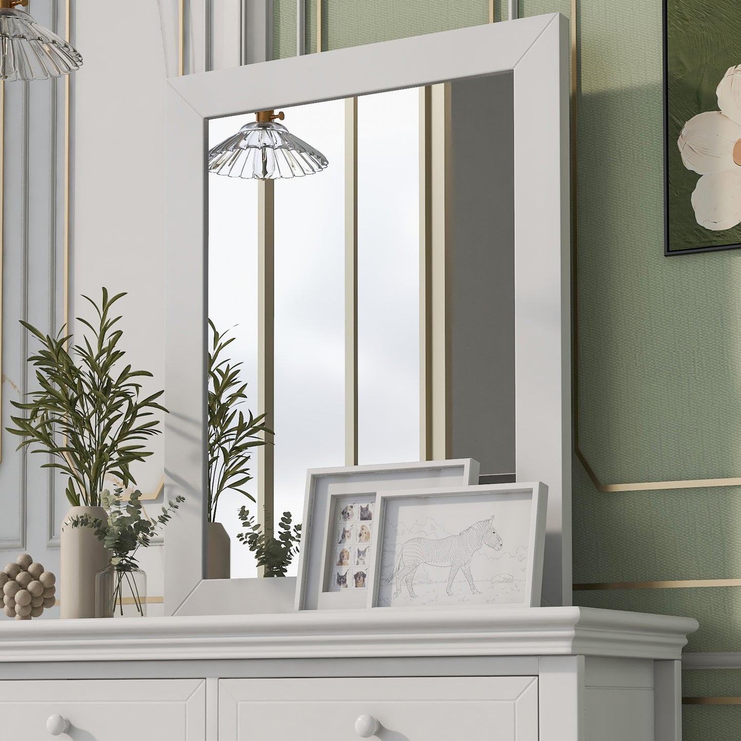 Traditional Concise Style White Wood Mirror