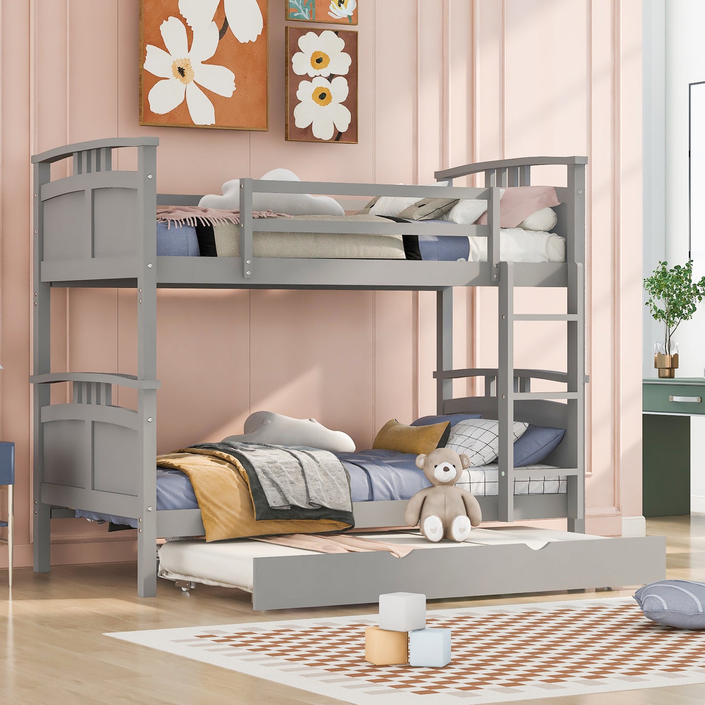 Twin-Over-Twin Bunk Bed with Twin size Trundle , Separable Bunk Bed for Bedroom - Grey