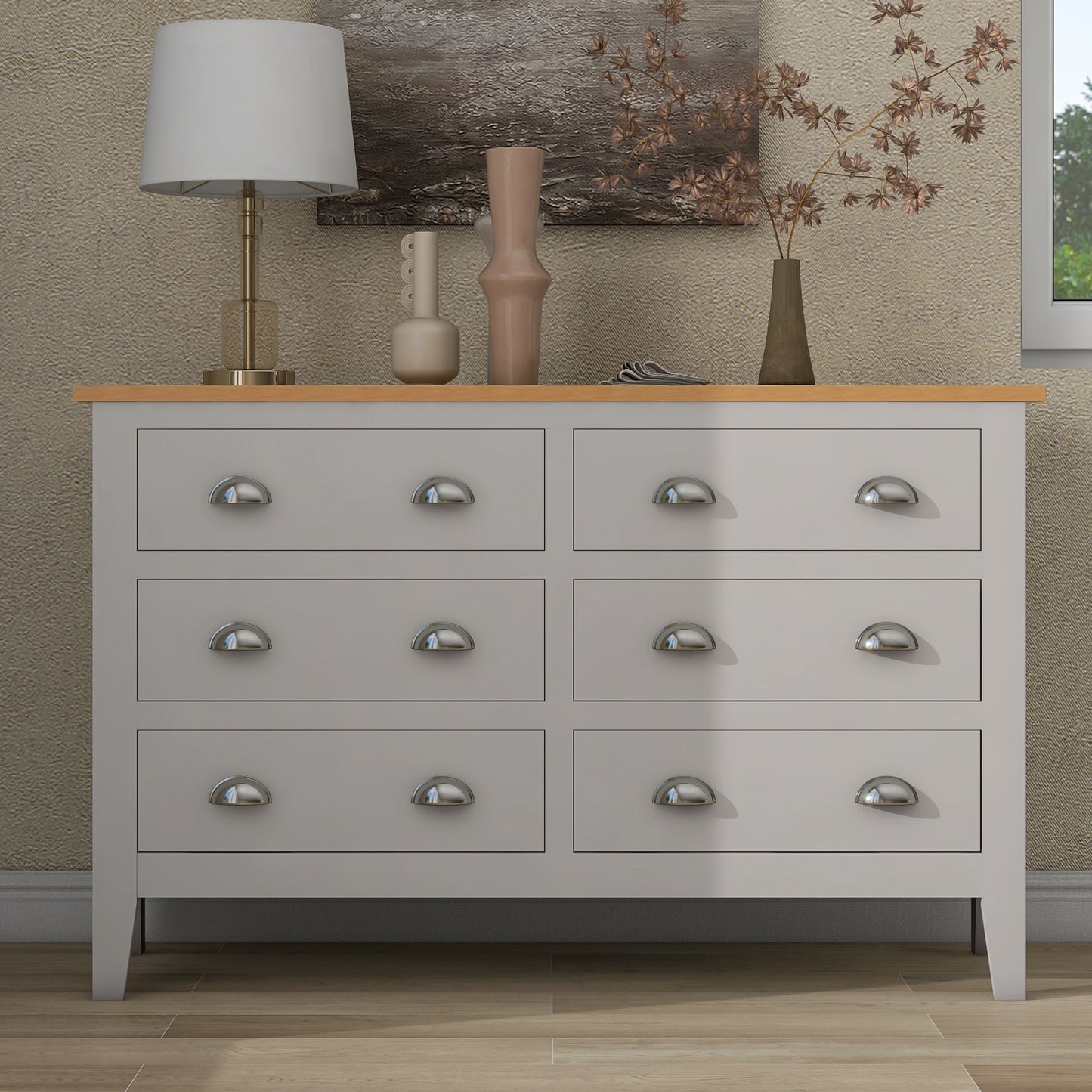 Country Gray Solid 6 Drawers Dresser with Oak Top