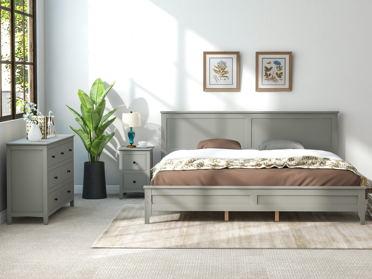 Gray Solid Wood 3 Pieces King Bedroom Sets,new