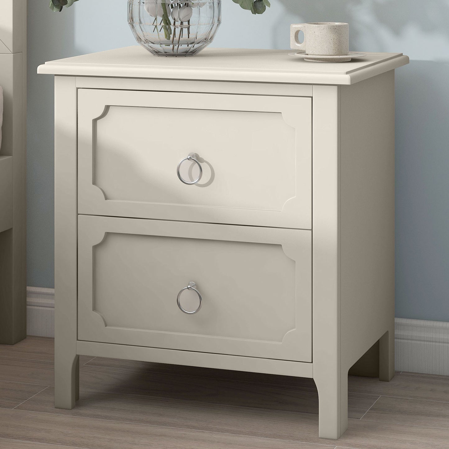 Milky White Rubber Wooden Nightstand Two Drawers Silver Metal Handles for Living Room Guest Room Bedroom
