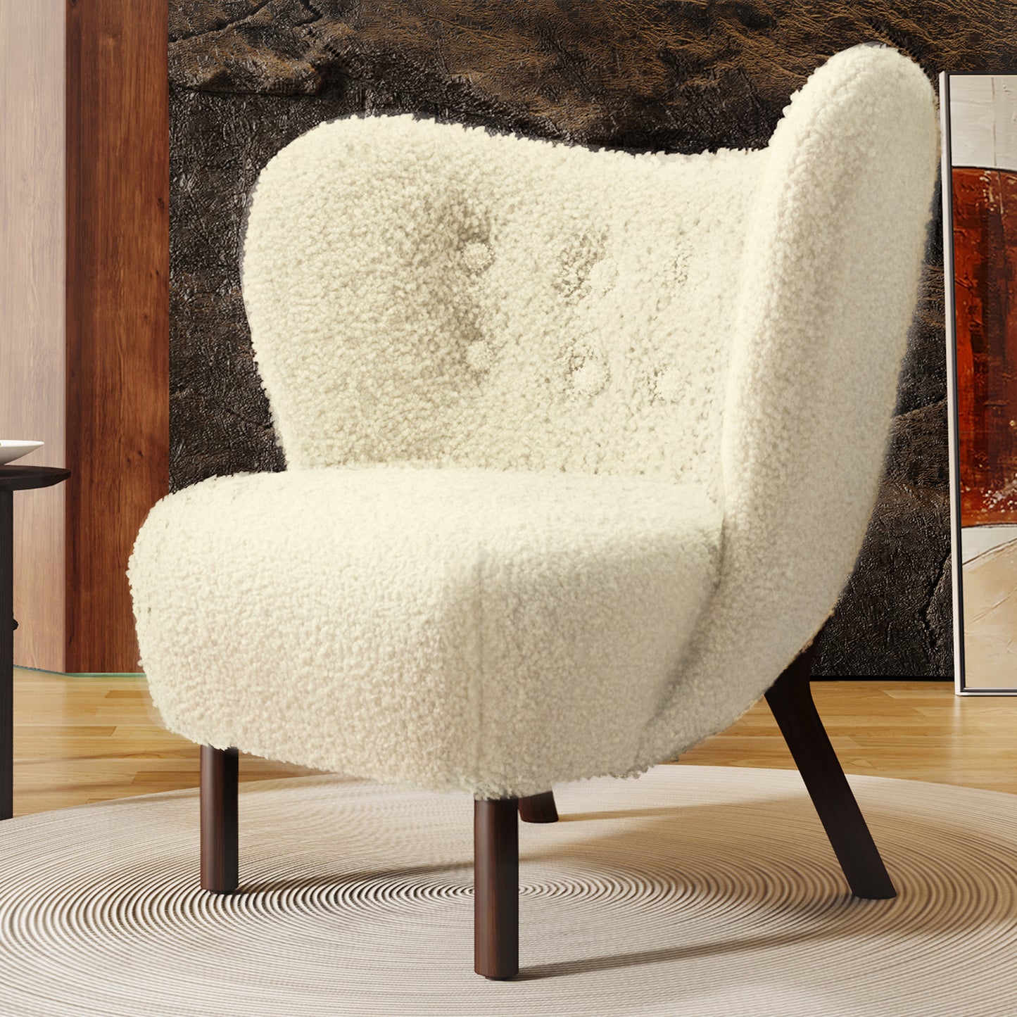 Modern Accent Chair Lambskin Sherpa Wingback Tufted Side Chair with Solid Wood Legs for Living Room Bedroom，Cream