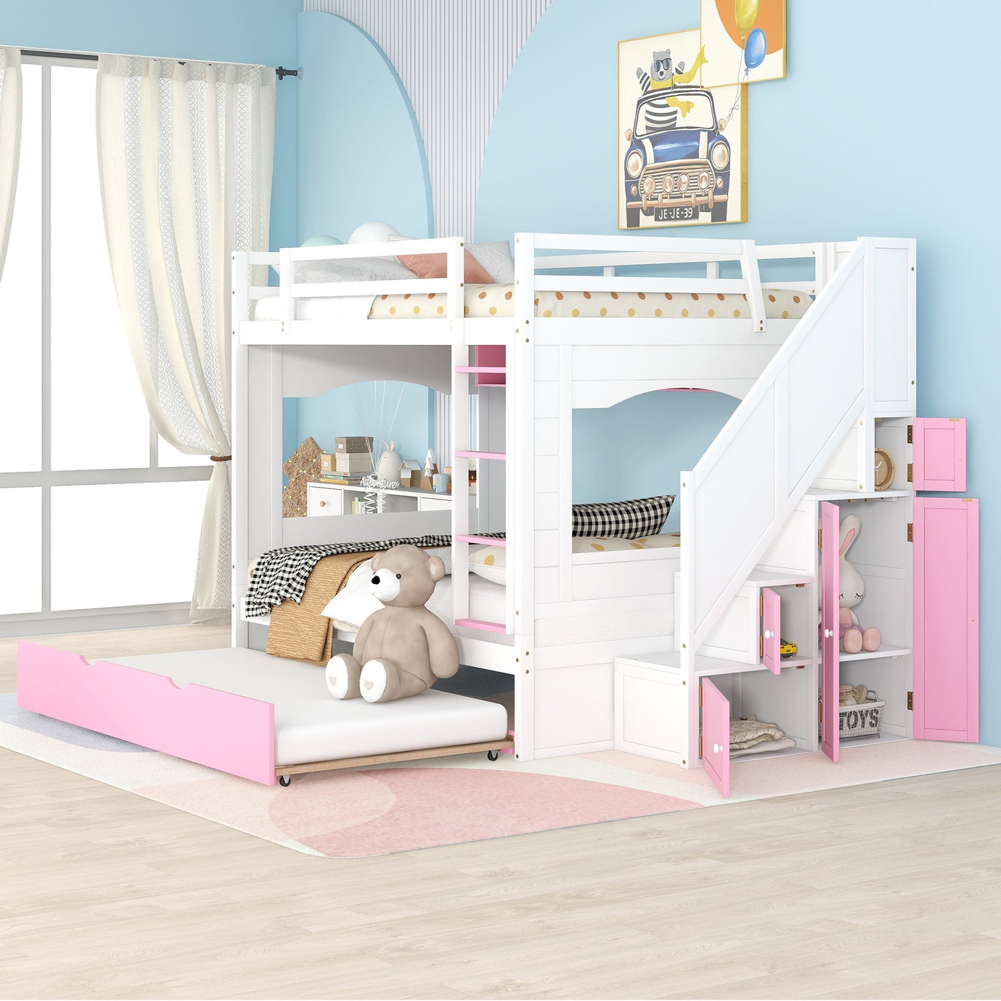 Full Over Full Bunk Bed with Trundle ,Stairs,Ladders Solid Wood Bunk bed with Storage Cabinet (White + Pink)